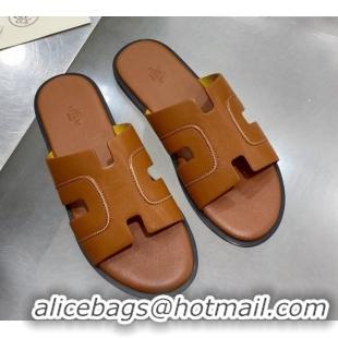 Best Product Hermes Men's Izmir Stitching Leather Flat Slide Sandals Brown 121655