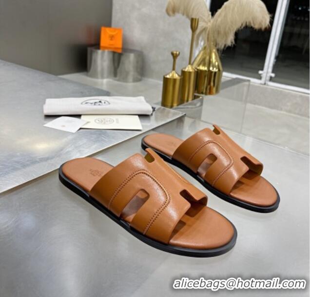 Best Product Hermes Men's Izmir Stitching Leather Flat Slide Sandals Brown 121655