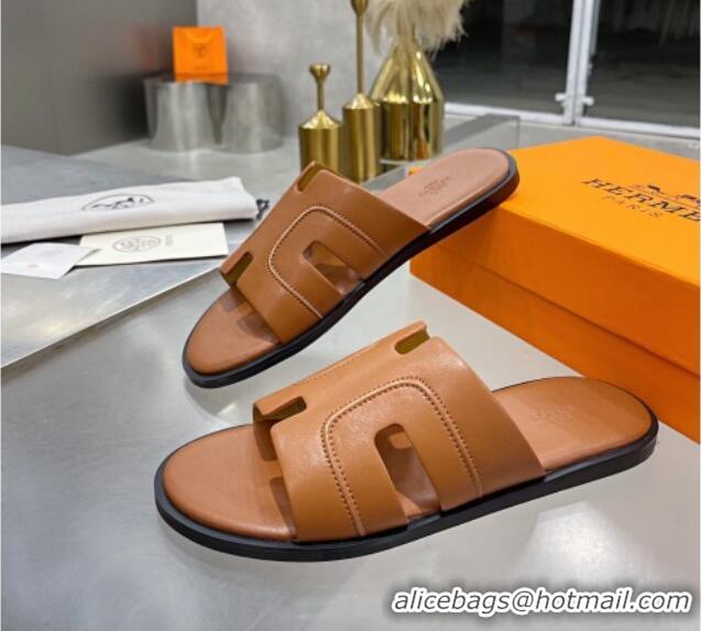 Best Product Hermes Men's Izmir Stitching Leather Flat Slide Sandals Brown 121655