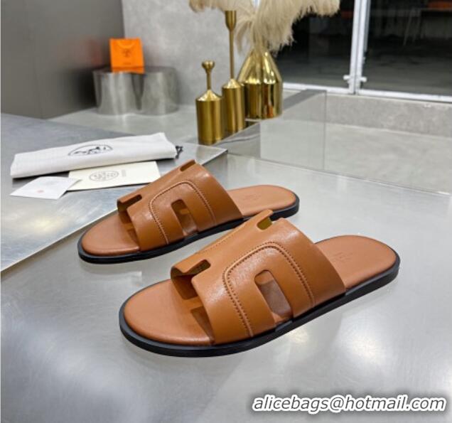 Best Product Hermes Men's Izmir Stitching Leather Flat Slide Sandals Brown 121655