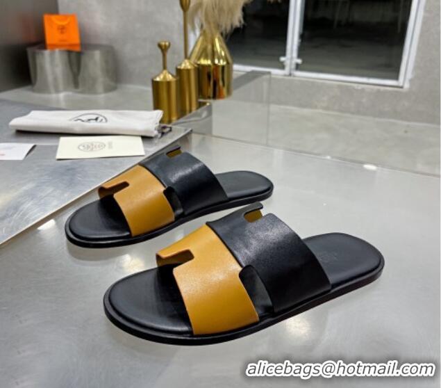 Grade Quality Hermes Men's Izmir Patchwork Leather Flat Slide Sandals Black/Brown 121656