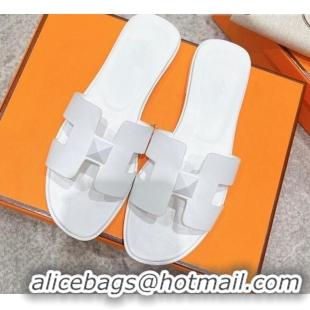 Shop Duplicate Hermes Oran One Stud H Flat Slide Sandals in Epson Leather All White 122010