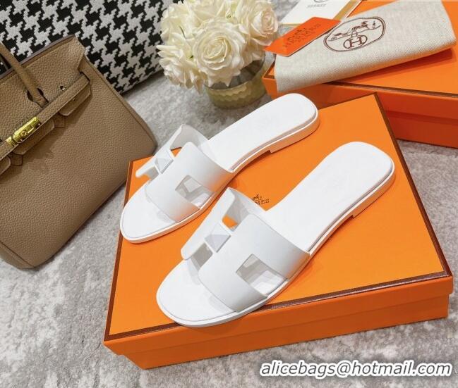 Shop Duplicate Hermes Oran One Stud H Flat Slide Sandals in Epson Leather All White 122010