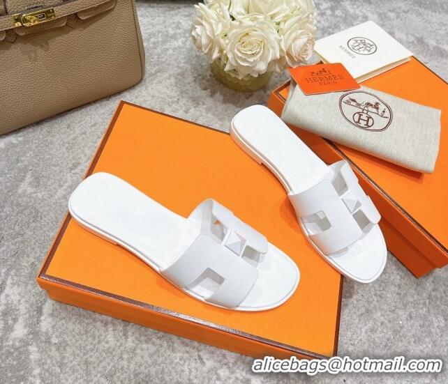 Shop Duplicate Hermes Oran One Stud H Flat Slide Sandals in Epson Leather All White 122010