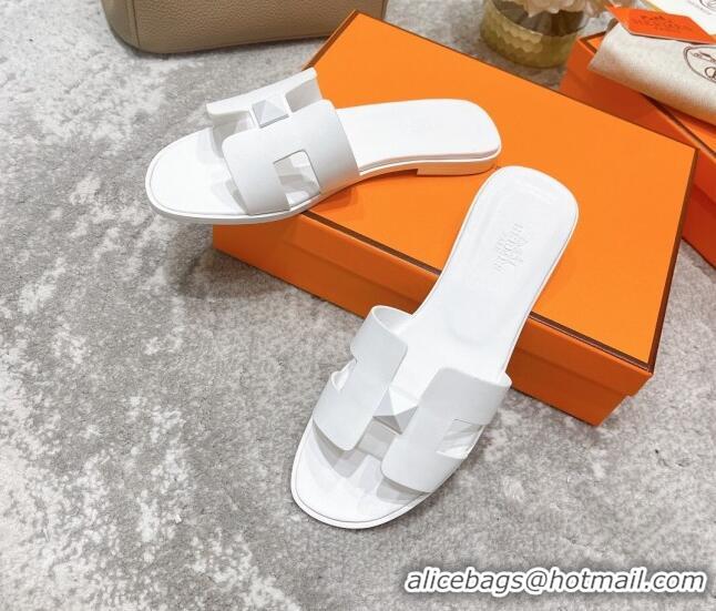 Shop Duplicate Hermes Oran One Stud H Flat Slide Sandals in Epson Leather All White 122010