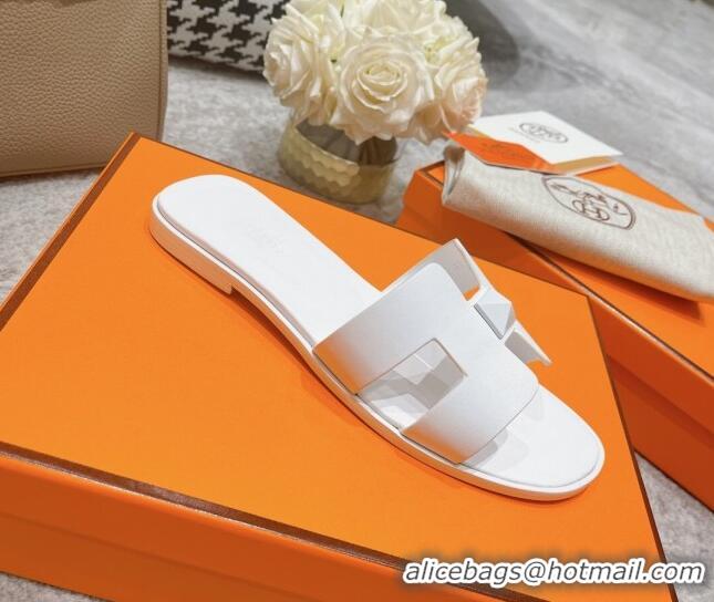 Shop Duplicate Hermes Oran One Stud H Flat Slide Sandals in Epson Leather All White 122010