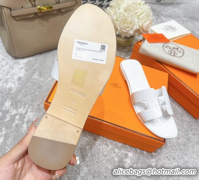 Shop Duplicate Hermes Oran One Stud H Flat Slide Sandals in Epson Leather All White 122010