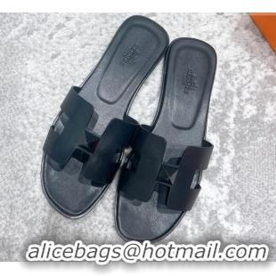 Pretty Style Hermes Oran One Stud H Flat Slide Sandals in Epson Leather All Black 122011