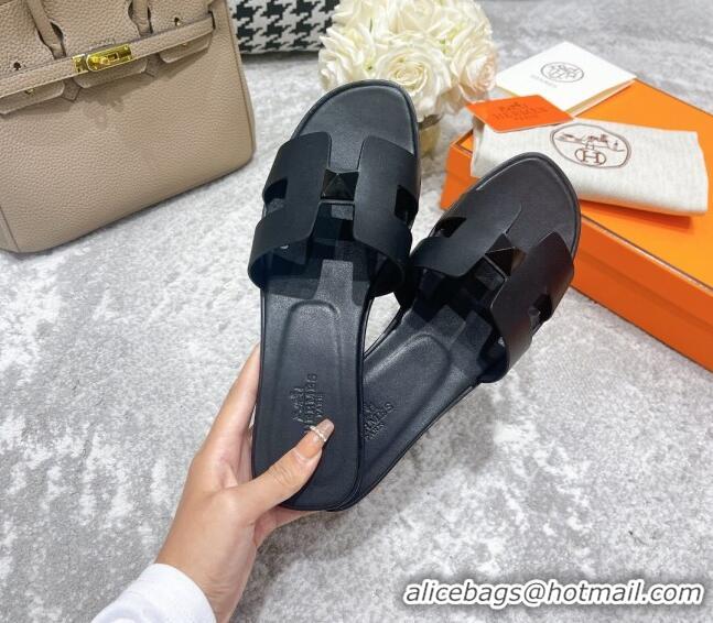 Pretty Style Hermes Oran One Stud H Flat Slide Sandals in Epson Leather All Black 122011