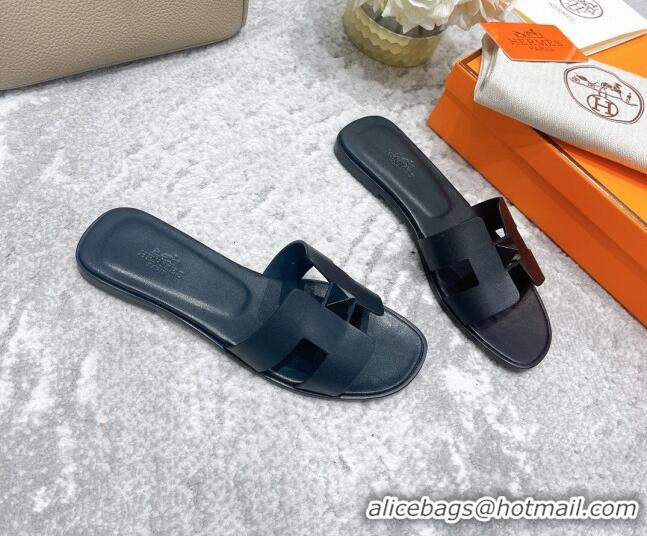 Pretty Style Hermes Oran One Stud H Flat Slide Sandals in Epson Leather All Black 122011