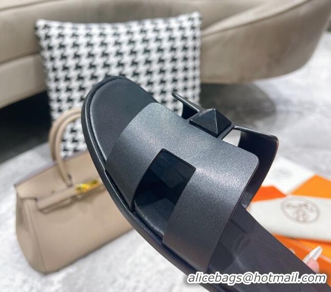 Pretty Style Hermes Oran One Stud H Flat Slide Sandals in Epson Leather All Black 122011