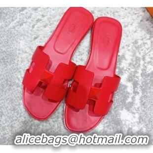 Best Grade Hermes Oran One Stud H Flat Slide Sandals in Epson Leather Red 122012