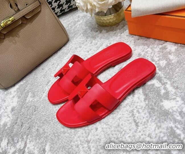 Best Grade Hermes Oran One Stud H Flat Slide Sandals in Epson Leather Red 122012