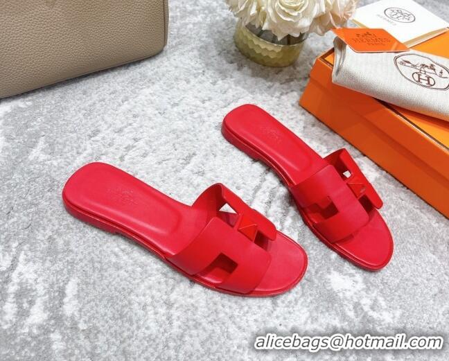 Best Grade Hermes Oran One Stud H Flat Slide Sandals in Epson Leather Red 122012