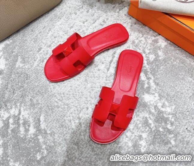 Best Grade Hermes Oran One Stud H Flat Slide Sandals in Epson Leather Red 122012