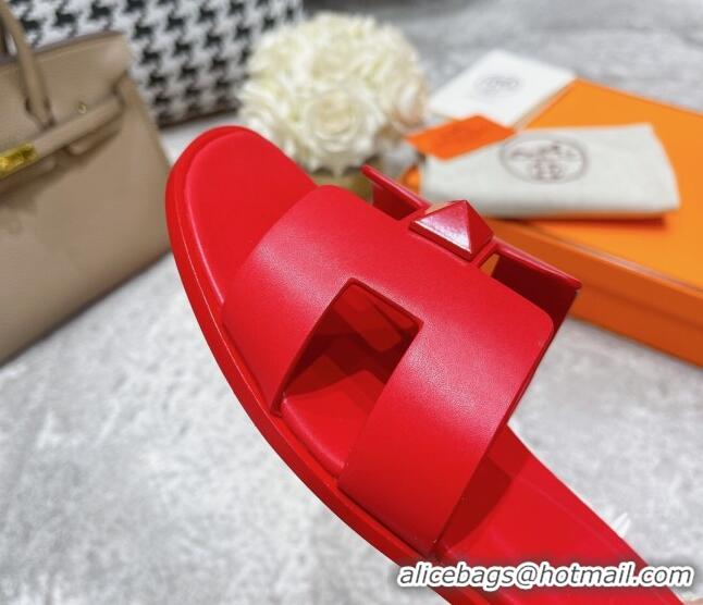 Best Grade Hermes Oran One Stud H Flat Slide Sandals in Epson Leather Red 122012