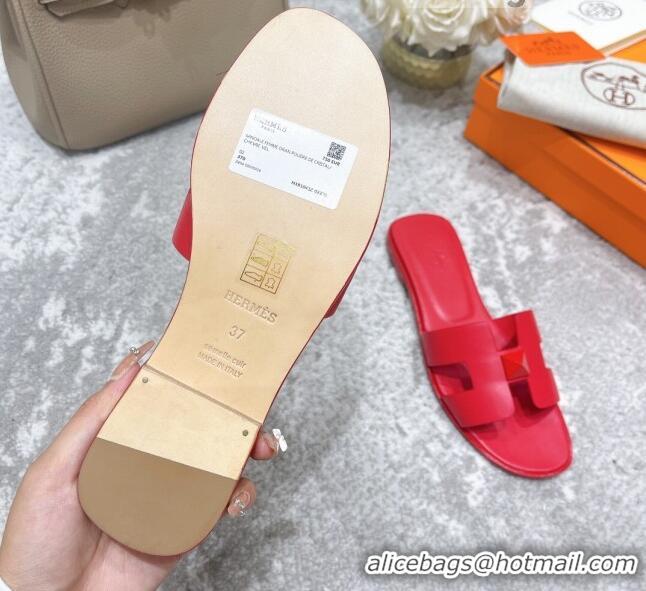 Best Grade Hermes Oran One Stud H Flat Slide Sandals in Epson Leather Red 122012