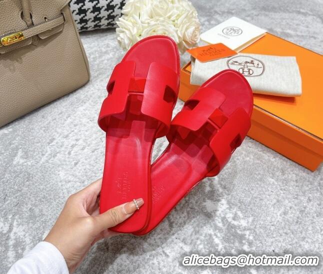 Best Grade Hermes Oran One Stud H Flat Slide Sandals in Epson Leather Red 122012