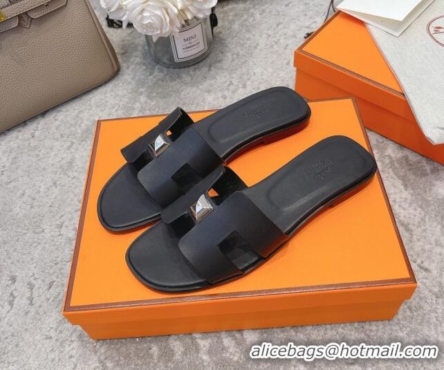 Perfect Hermes Oran One Stud H Flat Slide Sandals in Epson Leather 122013 Black/Silver