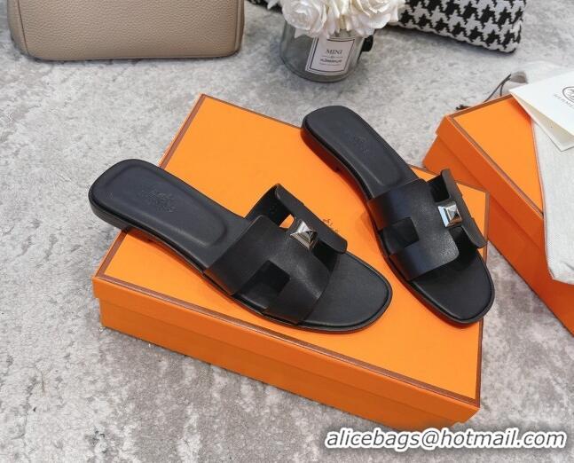 Perfect Hermes Oran One Stud H Flat Slide Sandals in Epson Leather 122013 Black/Silver