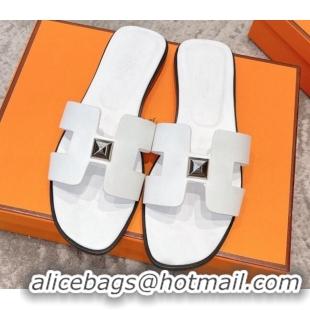 Super Quality Hermes Oran One Stud H Flat Slide Sandals in Epson Leather White/Silver 122014