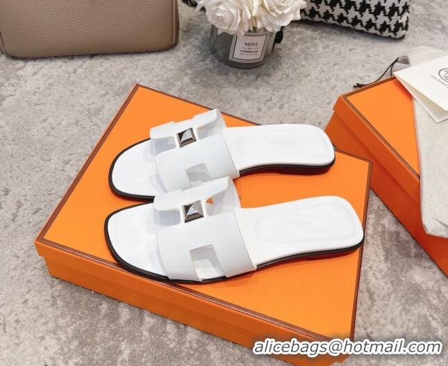 Super Quality Hermes Oran One Stud H Flat Slide Sandals in Epson Leather White/Silver 122014