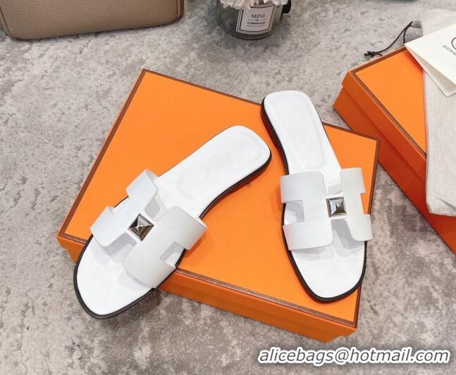 Super Quality Hermes Oran One Stud H Flat Slide Sandals in Epson Leather White/Silver 122014