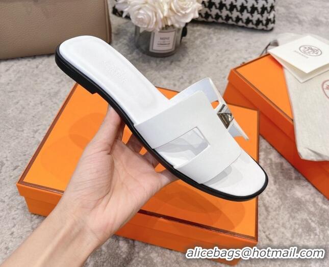 Super Quality Hermes Oran One Stud H Flat Slide Sandals in Epson Leather White/Silver 122014