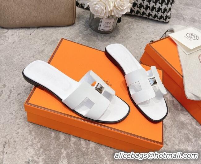 Super Quality Hermes Oran One Stud H Flat Slide Sandals in Epson Leather White/Silver 122014