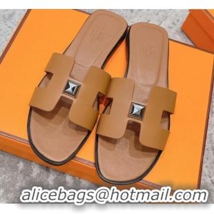 Top Quality Hermes Oran One Stud H Flat Slide Sandals in Epson Leather Brown/Silver 122015