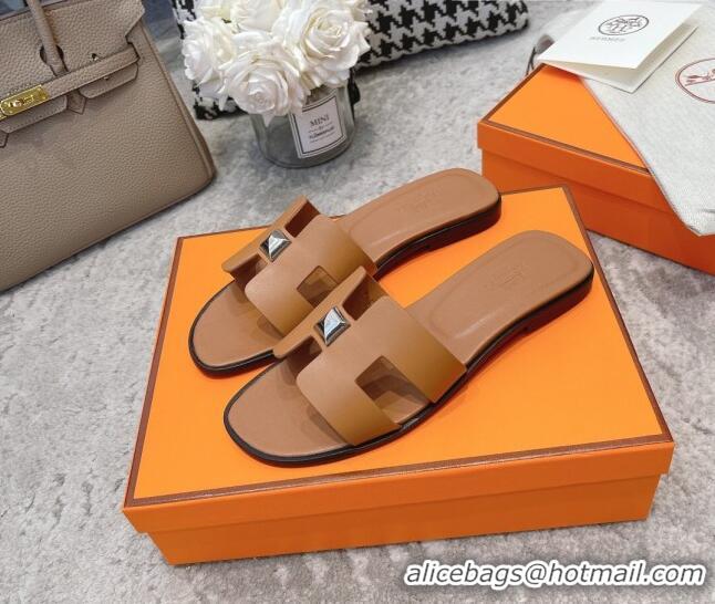 Top Quality Hermes Oran One Stud H Flat Slide Sandals in Epson Leather Brown/Silver 122015