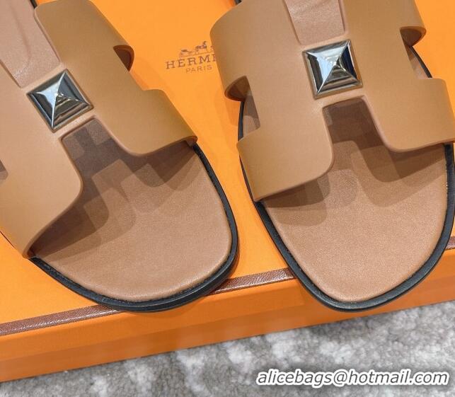 Top Quality Hermes Oran One Stud H Flat Slide Sandals in Epson Leather Brown/Silver 122015