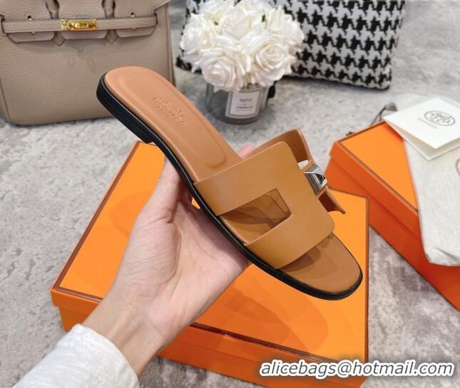 Top Quality Hermes Oran One Stud H Flat Slide Sandals in Epson Leather Brown/Silver 122015