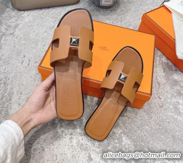 Top Quality Hermes Oran One Stud H Flat Slide Sandals in Epson Leather Brown/Silver 122015