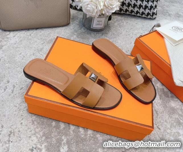 Top Quality Hermes Oran One Stud H Flat Slide Sandals in Epson Leather Brown/Silver 122015