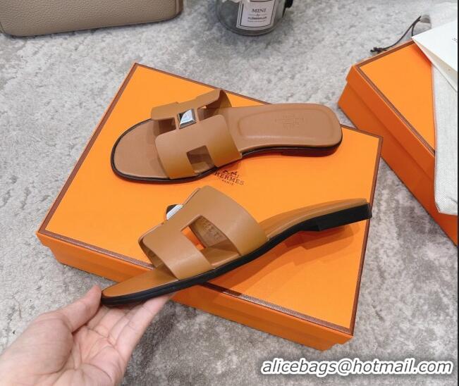 Top Quality Hermes Oran One Stud H Flat Slide Sandals in Epson Leather Brown/Silver 122015