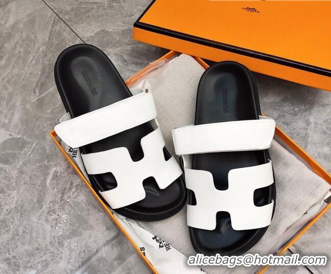 Top Quality Hermes Chypre Calfskin Flat Slide Sandals 011309 White/Black