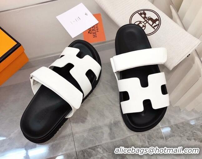 Top Quality Hermes Chypre Calfskin Flat Slide Sandals 011309 White/Black