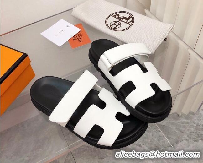 Top Quality Hermes Chypre Calfskin Flat Slide Sandals 011309 White/Black