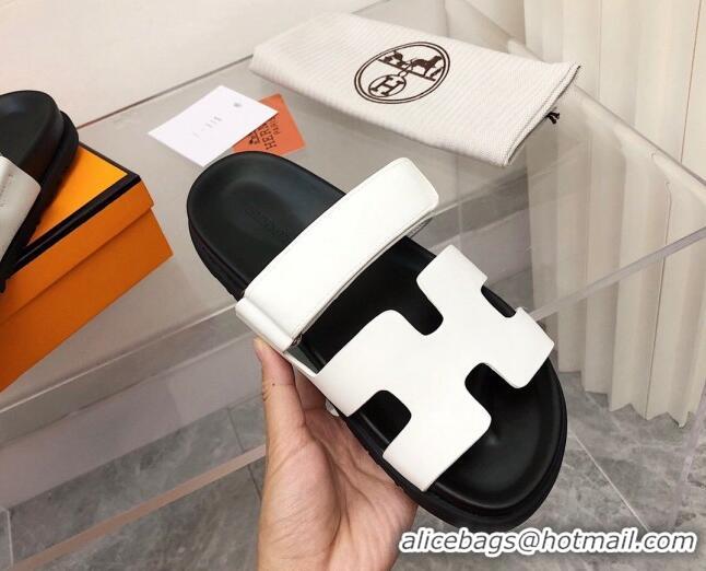 Top Quality Hermes Chypre Calfskin Flat Slide Sandals 011309 White/Black