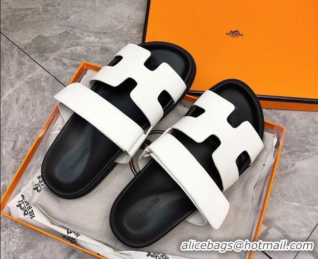 Top Quality Hermes Chypre Calfskin Flat Slide Sandals 011309 White/Black