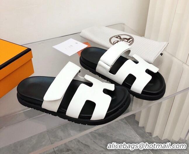 Top Quality Hermes Chypre Calfskin Flat Slide Sandals 011309 White/Black