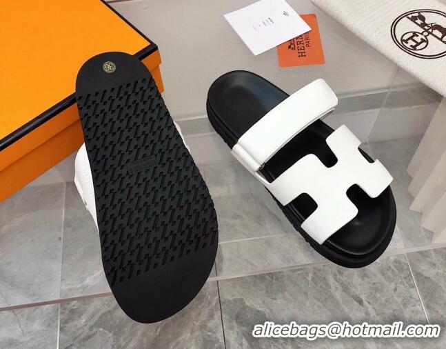 Top Quality Hermes Chypre Calfskin Flat Slide Sandals 011309 White/Black