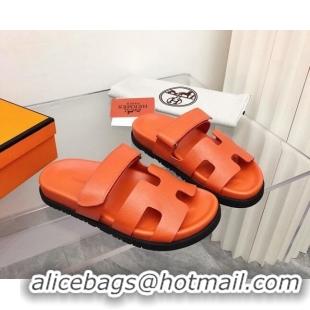 Best Luxury Hermes Chypre Calfskin Flat Slide Sandals 011309 Orange