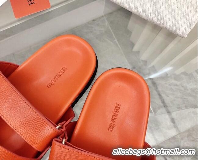 Best Luxury Hermes Chypre Calfskin Flat Slide Sandals 011309 Orange