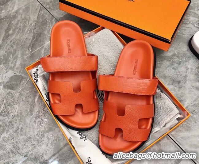 Best Luxury Hermes Chypre Calfskin Flat Slide Sandals 011309 Orange