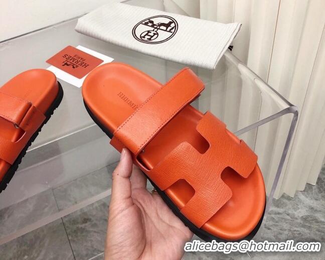 Best Luxury Hermes Chypre Calfskin Flat Slide Sandals 011309 Orange