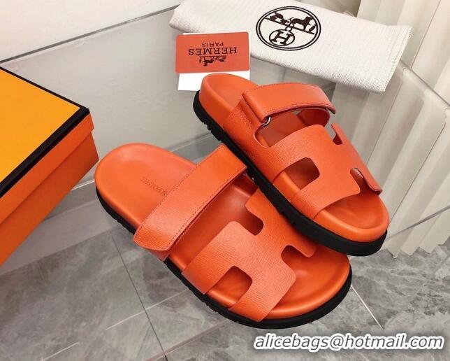 Best Luxury Hermes Chypre Calfskin Flat Slide Sandals 011309 Orange