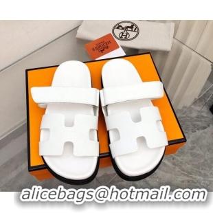 Good Quality Hermes Chypre Calfskin Flat Slide Sandals 011309 White