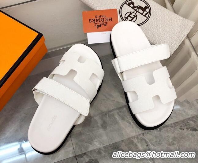 Good Quality Hermes Chypre Calfskin Flat Slide Sandals 011309 White